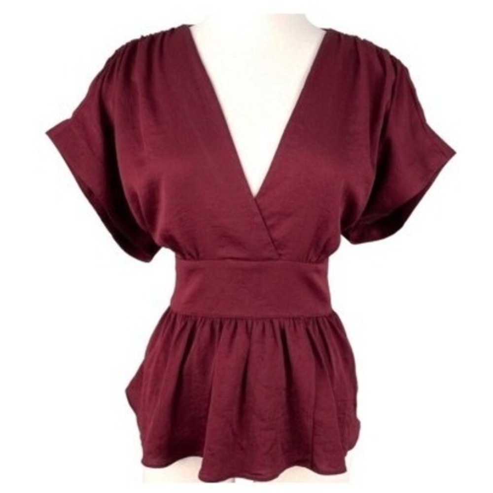 T6 Express‎ Peplum Blouse Small Burgundy Polyester V-Neck Tie Back Y2K Vintage